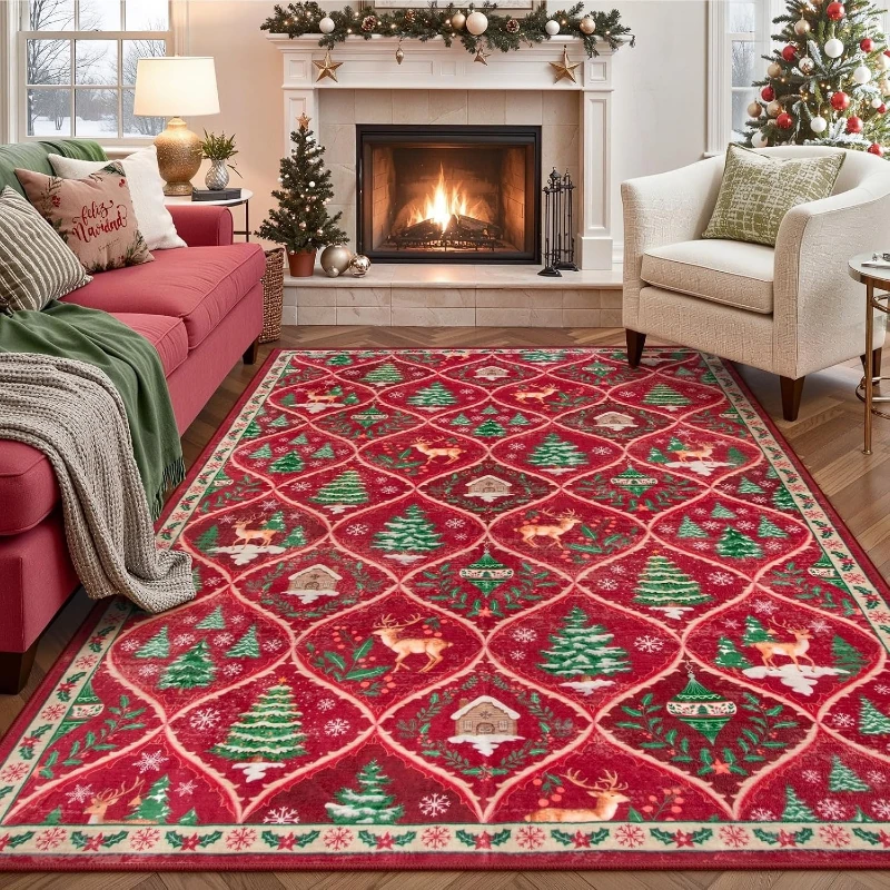 Large Living Room Carpet Non-slip Machine Washable Floor Mat Christmas Red Reindeer Print Rug Christmas Home Decorative Rugs 양탄자