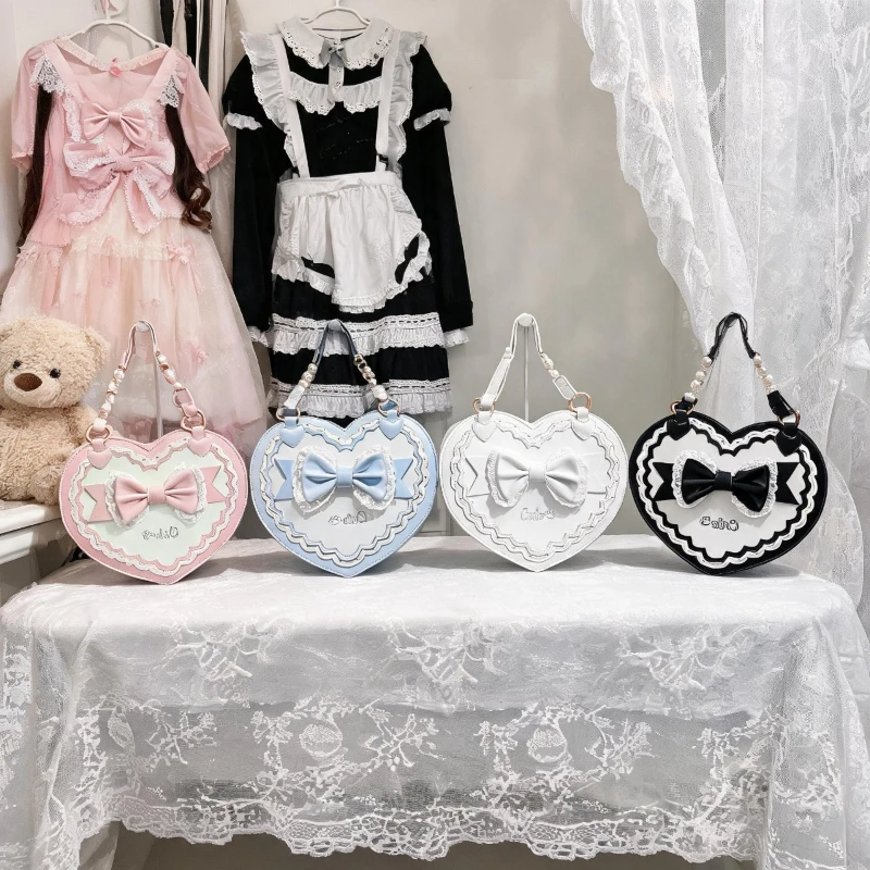 Japanese Original Sweet and Cute Lolita Bow Love Bag Soft Girl Large Capacity Beautiful Lo Portable Messenger Bags for Women