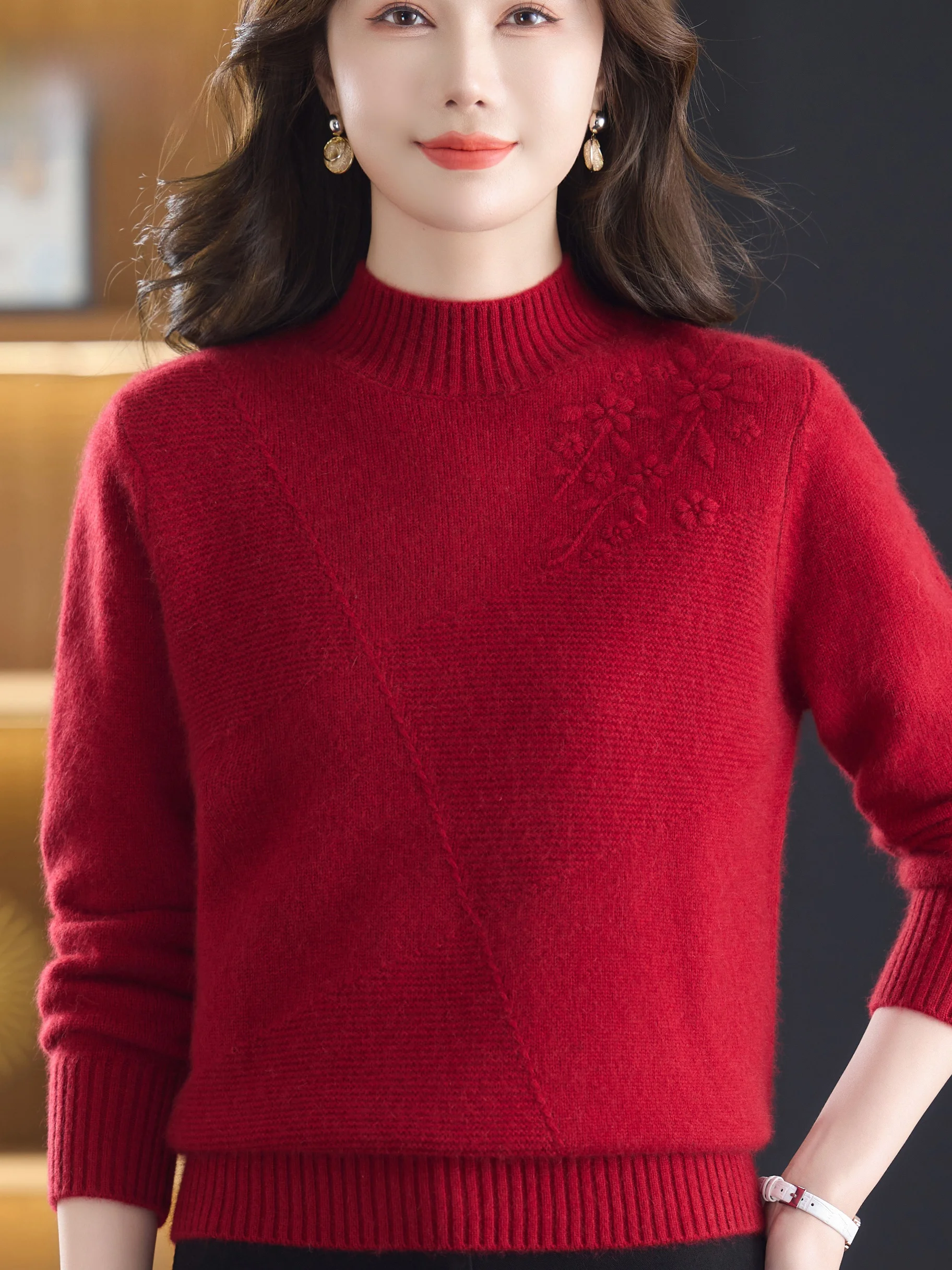 

Утепленный шерстяной вязаный свитер с высоким воротником для женщин среднего и старшего возраста, модный стиль для мам, красный, на Новый год