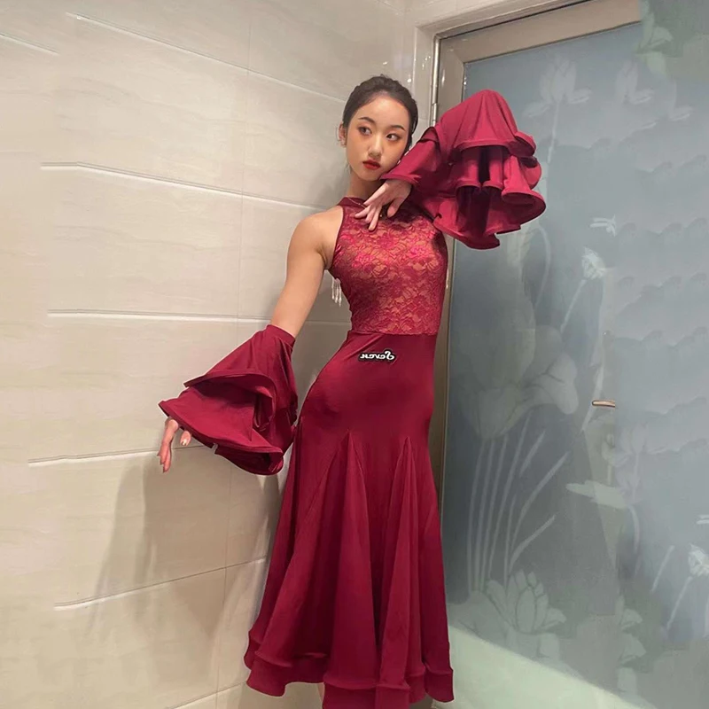 Women Ballroom Dance Dress Sleeveless Red Modern Dance Dress Waltz National Standard Dance Clothes Competition Dress DN11259