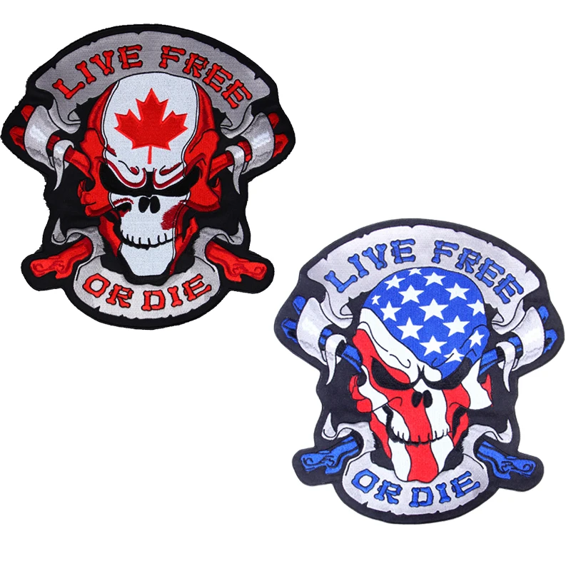 

LIVE FREE OR DIE America Canada Flag Large Embroidery Patches For Jacket Back Vest Biker Punk Accessories Sew On 29*31cm