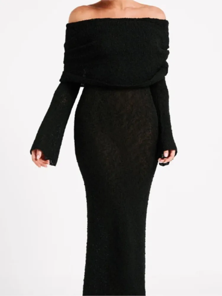 Mode Sexy Slash Neck Gestrickte Kleider Frauen 2025, Herbst Langarm Urlaub Strand Party Mitternacht Clubwear Bodycon Langes Kleid