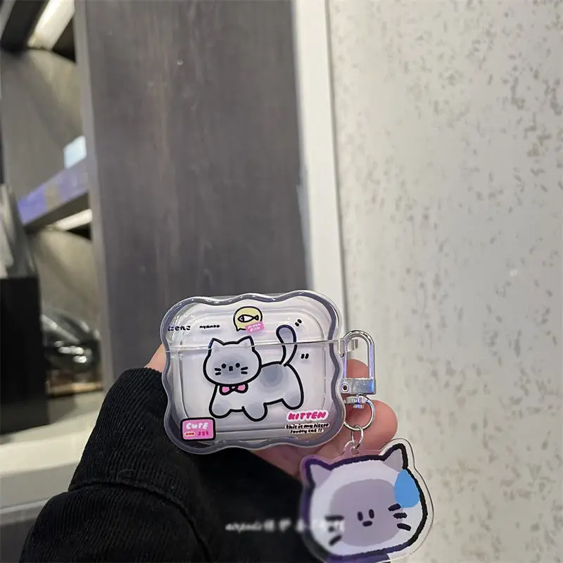 Cute Funny Cat Headphone Case For Apple AirPods 1 2 3 Cartoon Clear Cover with Keyring Soft Silicone Cases for AirPods Pro 2nd