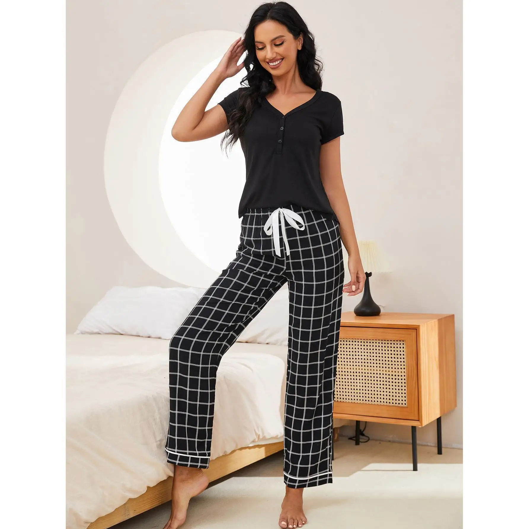 

Pajama Sets Spring Casual Short-sleeved Plaid Trousers Two-piece Home Wear Lingerie Set Night Wear Female Sleepwear Clothes