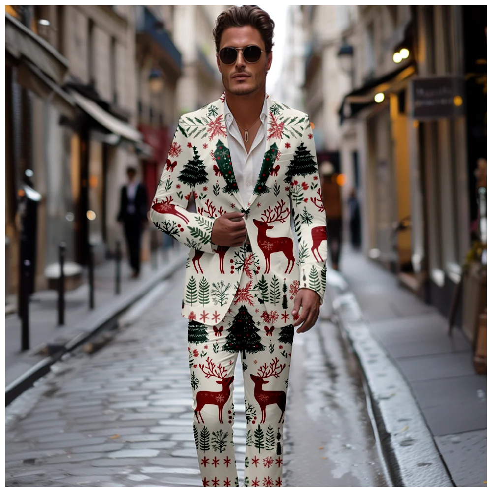 Four Seasons Trendy Reindeer Christmas Suit Tops Unisex Vintage Comfort Mature Suit Jackets Wedding Parties and Special Occasion