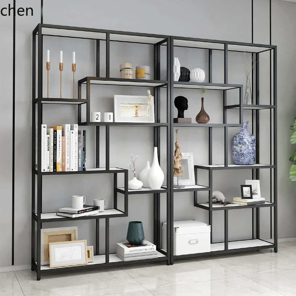 q-1 Iron Art Floorstanding Steelwood Storage Rack Living Room Partition Screen Bookshelf Display Rack Modern Minimalist