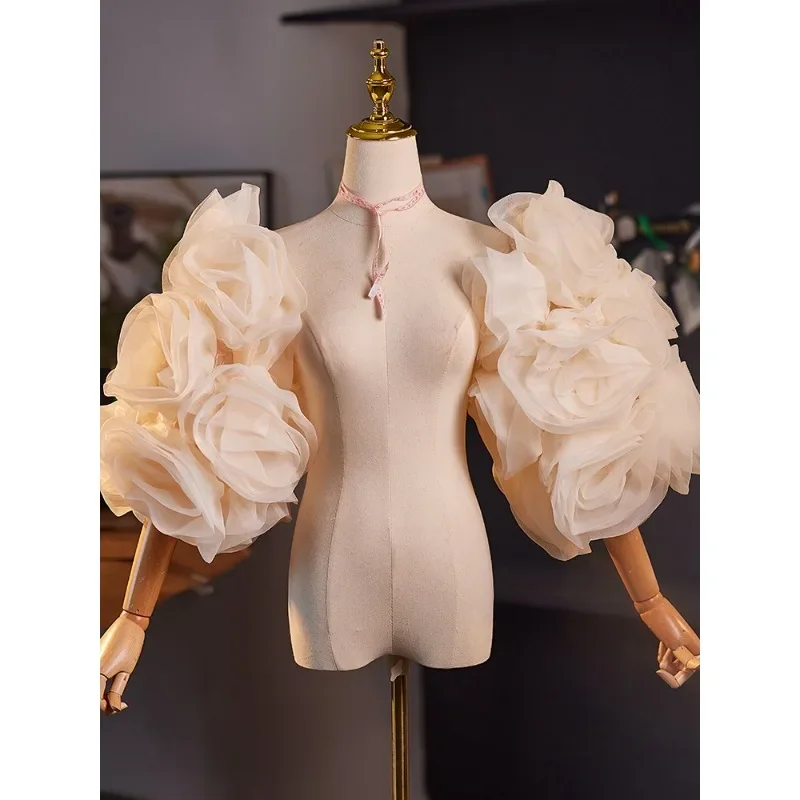 Champagne handmade DIY big flower sleeves 2025 new evening dress accessories catwalk show photo high sense