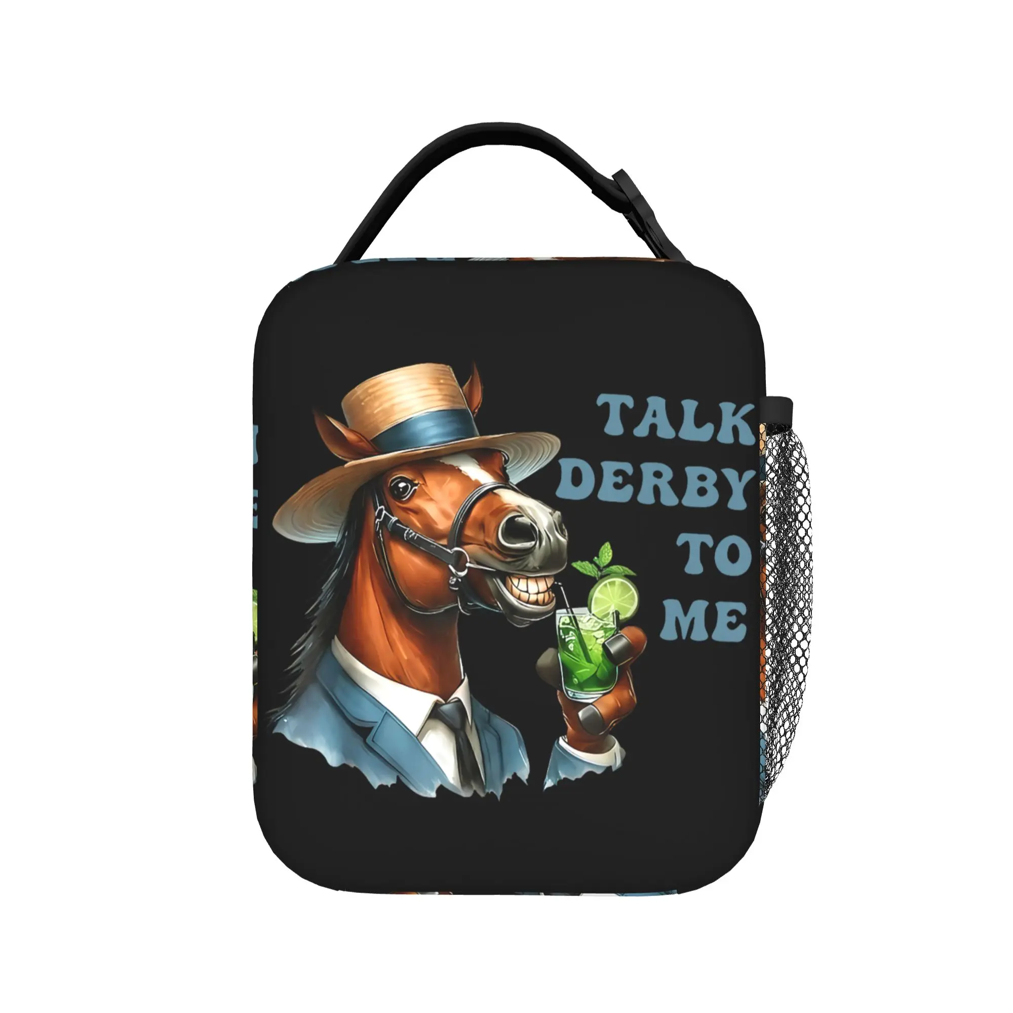

Talk Derby to Me Funny Racing Horse Lunch Bag Office Lunch Box For Child Retro Thermal Tote Handbags Insulated Cooler Bag