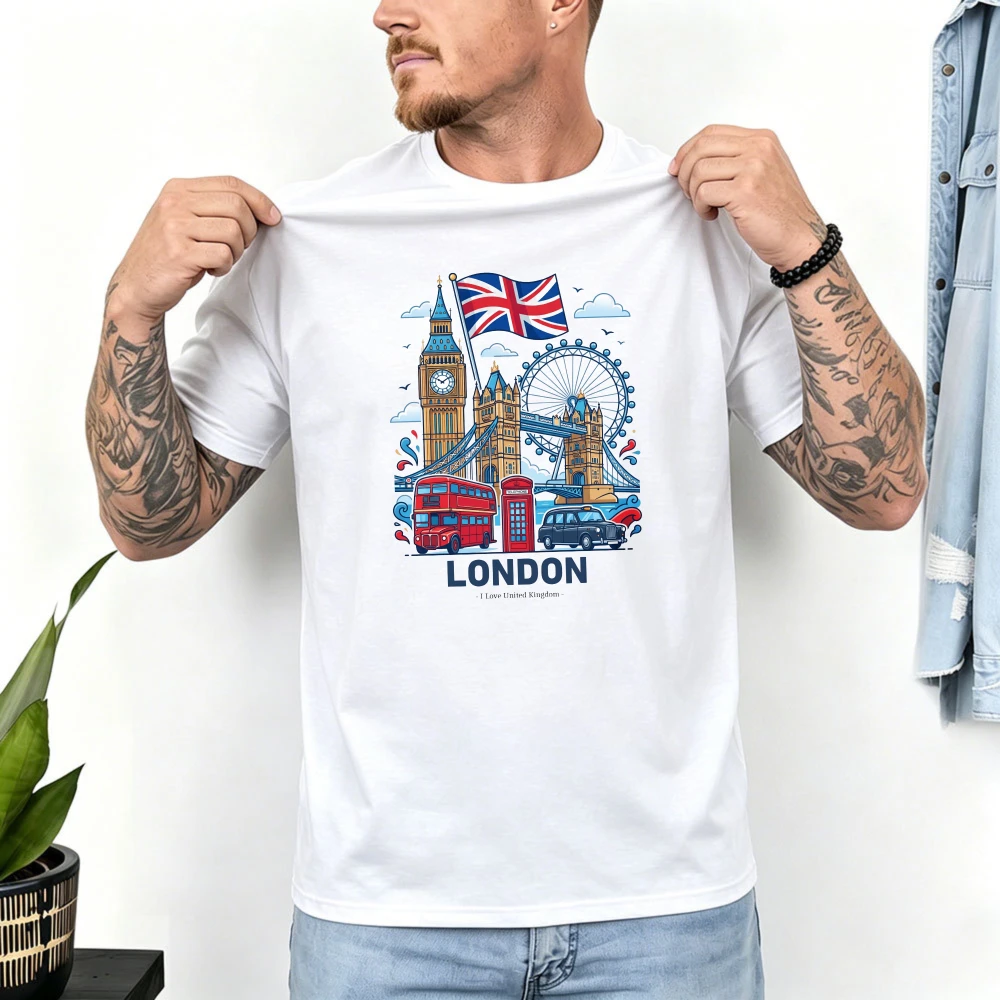 Fashion London Landmark Graphic Tee Big Ben Tower Bridge Red Bus Souvenir Men Women Streetwear Tops Retro Cotton Casual T-Shirt
