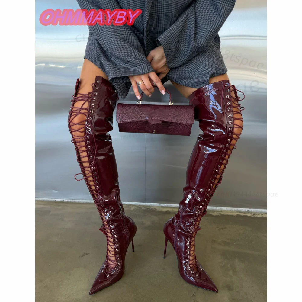 Burgundy Over The Knee Boots for Women Pointed Toe Stiletto Heels Lace Up Cutout Glossy Finish Gothic Evening Party Stage Shoes
