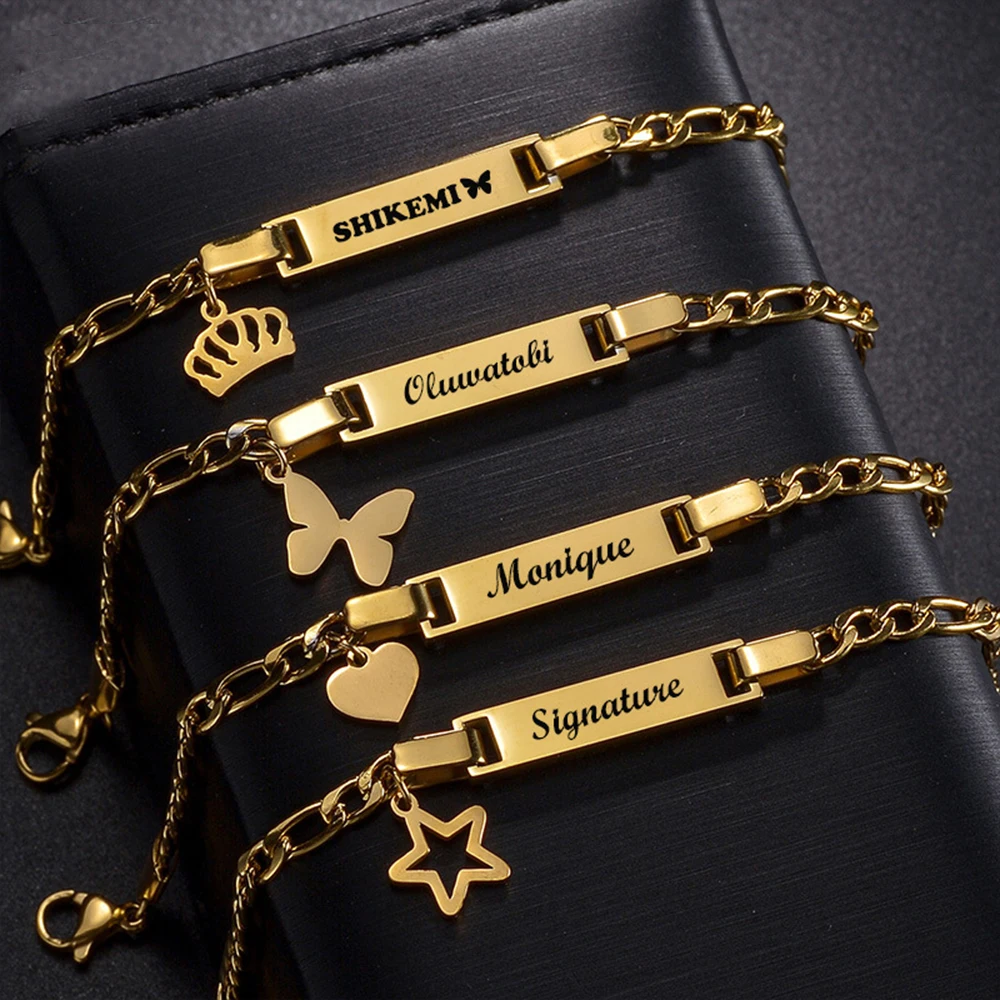 

Personalized Bracelet Custom Name Bracelet Heart Butterfly Stainless Steel Bracelet Engrave Letter Date Jewelry for Children