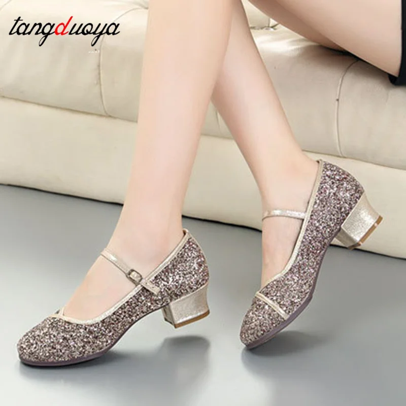 Women's Sequin Professional Latin Dance Shoes Low-heeled Shoes Closed Toe Salsa Tango Ballroom Dance Shoes zapatillas mujer