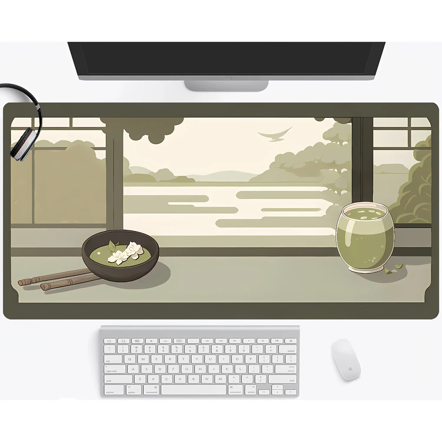 

1pc Large Japanese View Matcha Gaming Mouse Pad - Smooth Keyboard Mat with Stitched Edges, Non-Slip Rubber Base, Serene Matcha &