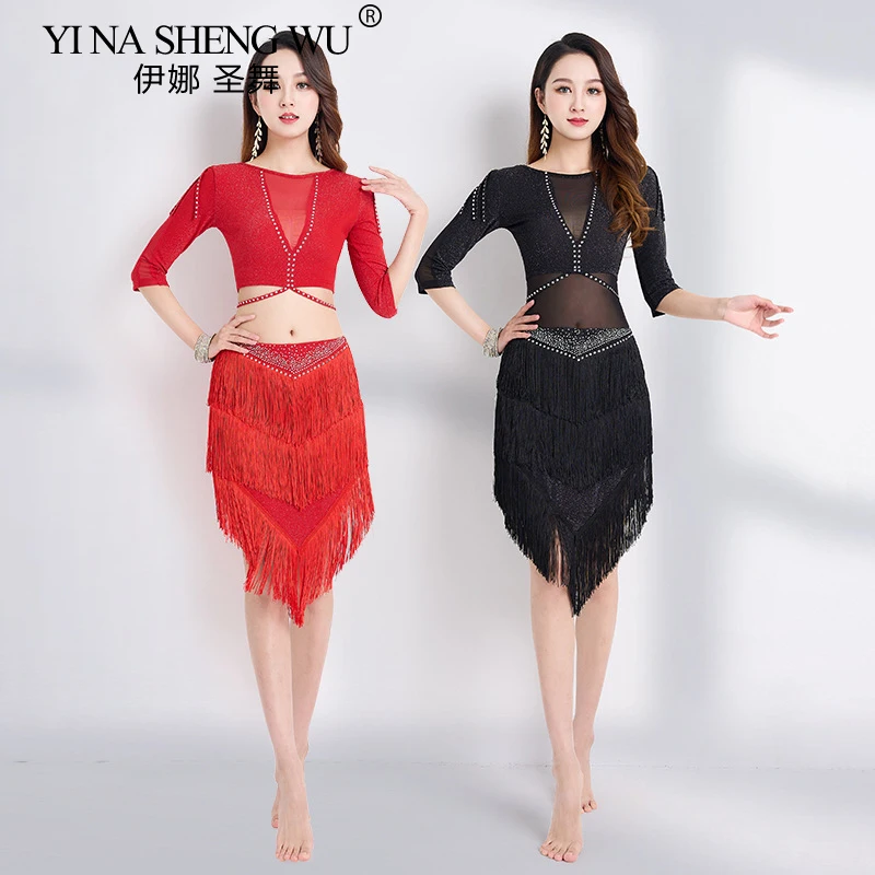 2PCS Women Belly Dance Costume Hot Diamond Fringe Skirt Set Ladies Latin Dance Performance Skirt Top Modern Dance Practice Suit