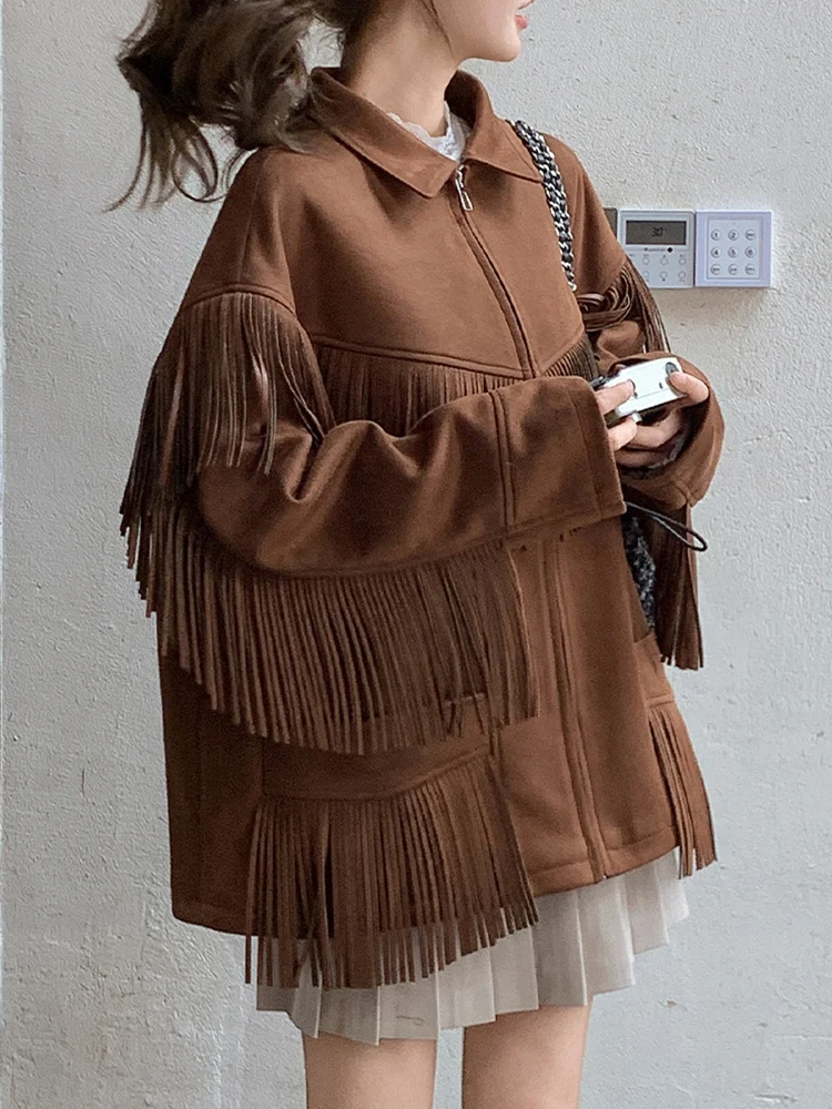 YERMORA براون الجلد المدبوغ شرابة جيب سترة خمر للنساء التلبيب كم طويل فضفاض معطف جديد موضة المد ربيع الخريف 2025