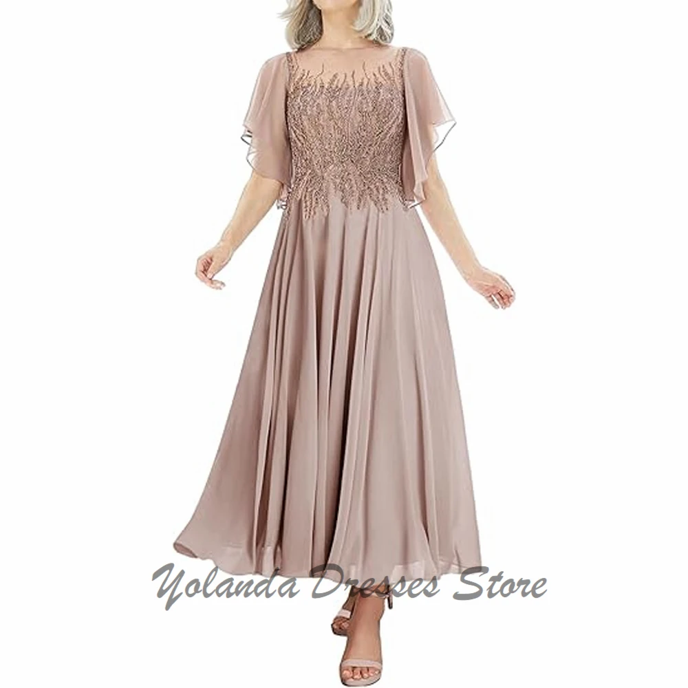 

Customized Mother of The Bride Dresses Short Sleeves Formal Evening Gown Scoop Neck Wedding Guest Dress Applique Lace Zipper