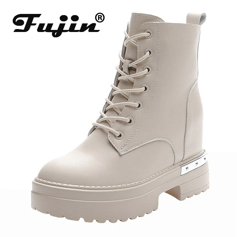 Fujin 9cm2024 Genuine Leather Autumn Winter Spring Motorcy Knight Boots Woman Zipper Cross Tied Thick Soled British Style Shoes