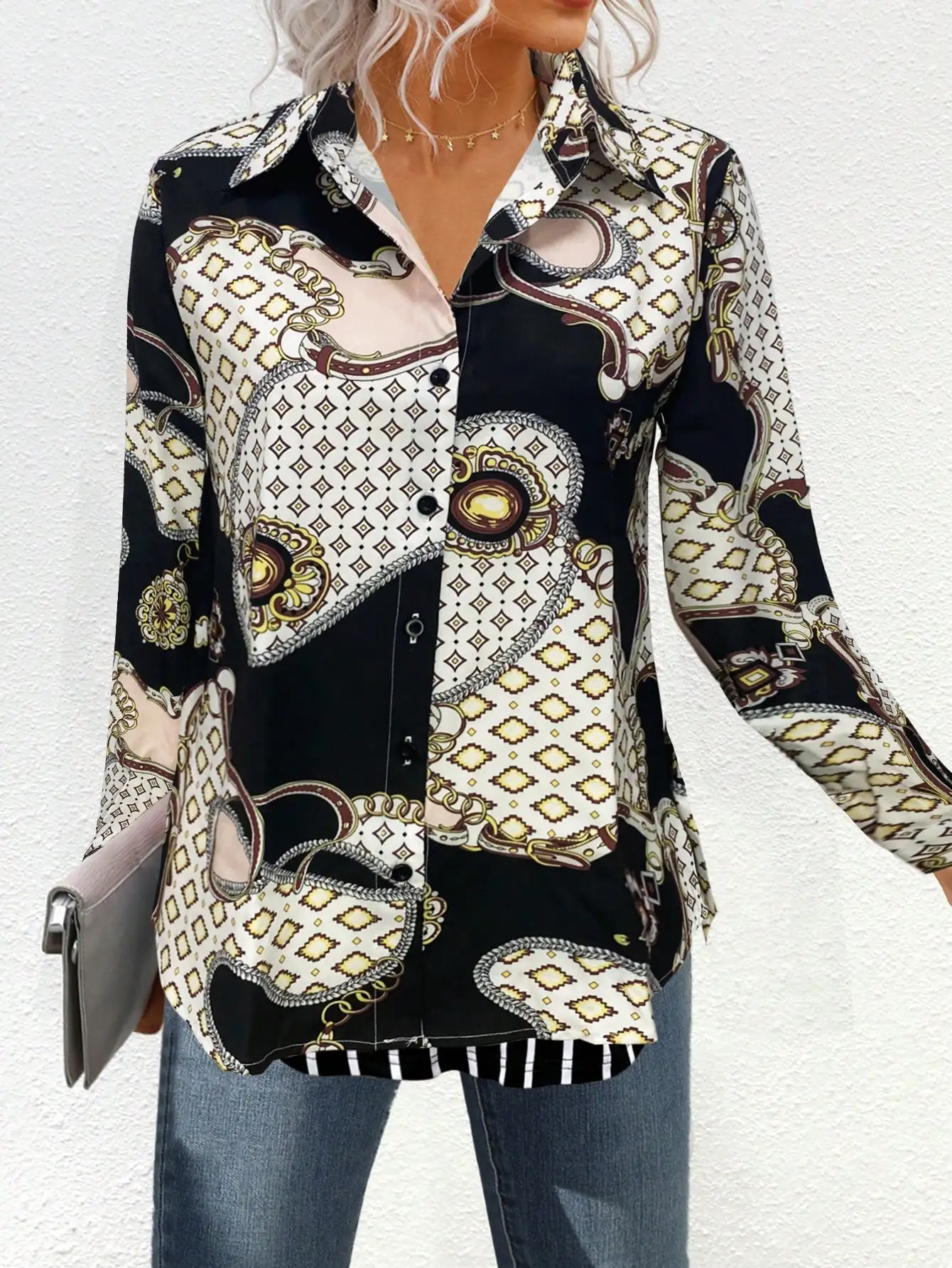 

Women's Casual Fashionable Shirt Random Print Long Sleeve Button up Top for Business And Office