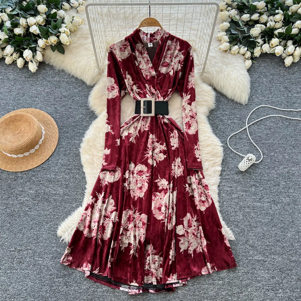 Sukienki damskie w kwiatowe wzory, sukienka w kształcie litery A z paskiem, długość do kostek, dekolt w serek, długi rękaw, szeroki dół, luźna, codzienna, elegancka, wiosna-jesień 2025