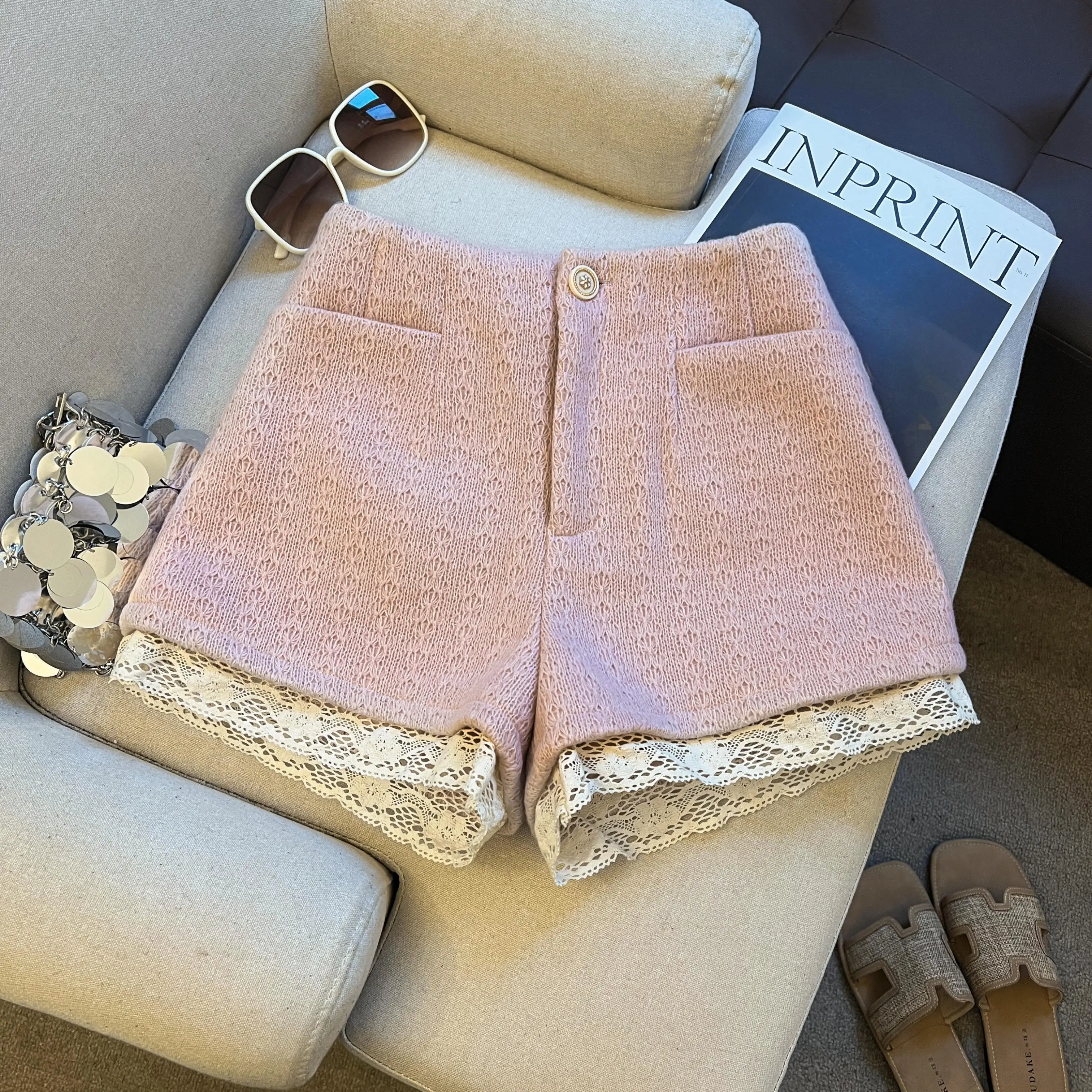 

Женские осенне-зимние элегантные твидовые шорты с кружевным подолом, женские милые розовые твидовые короткие брюки с высокой талией и широкими штанинами