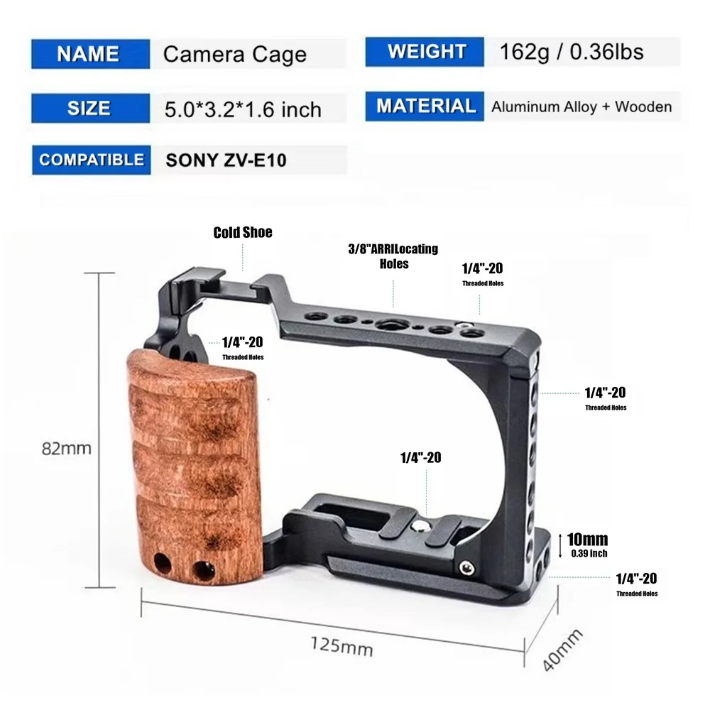 Professional For Sony ZV-E10 Camera Cage with Cold Shoe & 1/4'' 3/8'' Holes & Arca-Swiss Plate, Aluminum Alloy and Wooden Cage