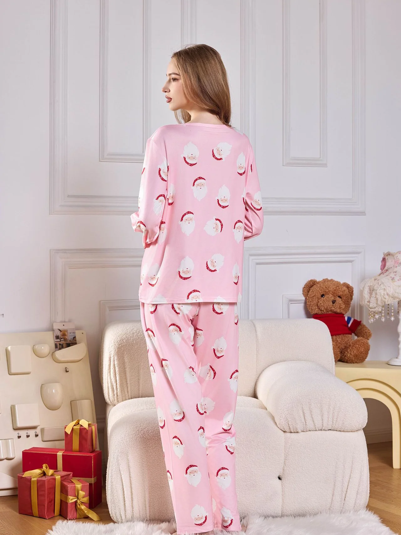 Christmas dress Santa Print women\'s crew neck pink long sleeve T-shirt top and trousers casual women\'s pajamas set