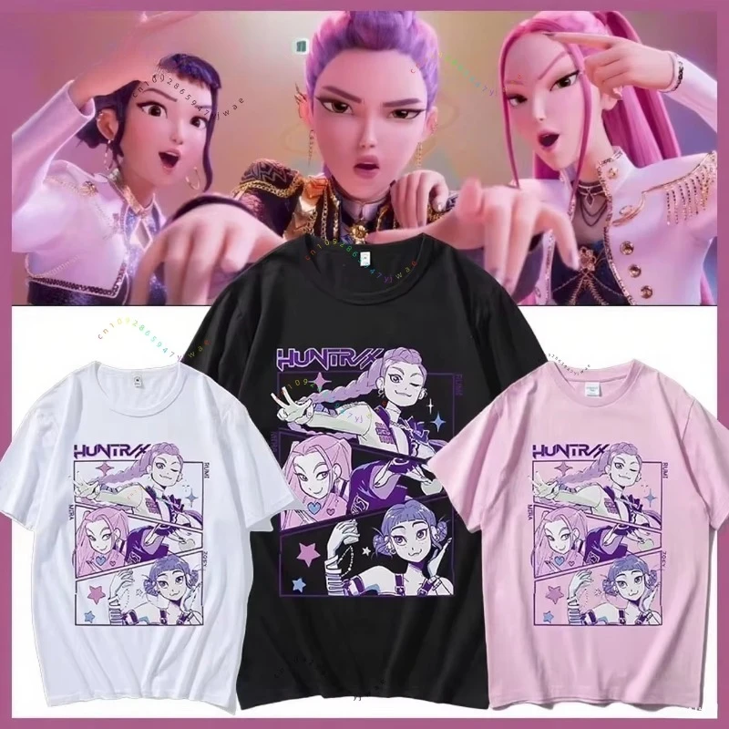 

Популярная футболка с изображением аниме Huntrix Kpop Devil Hunter Mira Rumi Zoey, модная летняя анимационная футболка 25, свободная спортивная повседневная уличная футболка