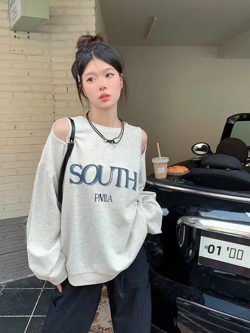 

Женская модная толстовка больших размеров с длинным рукавом, свободный повседневный топ, стройнящий, трендовый, средней длины, в корейском стиле, с круглым вырезом