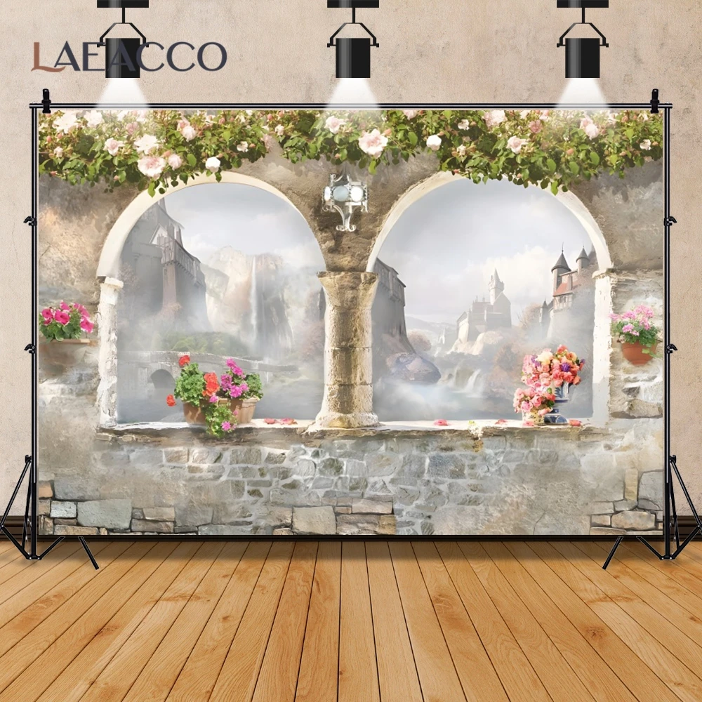 الربيع الزهور حديقة الخلفية ، قوس حجر الزفاف ، نافذة القلاع ديكور ، خلفية التصوير الفوتوغرافي ، الاطفال صورة التصوير الفوتوغرافي راية