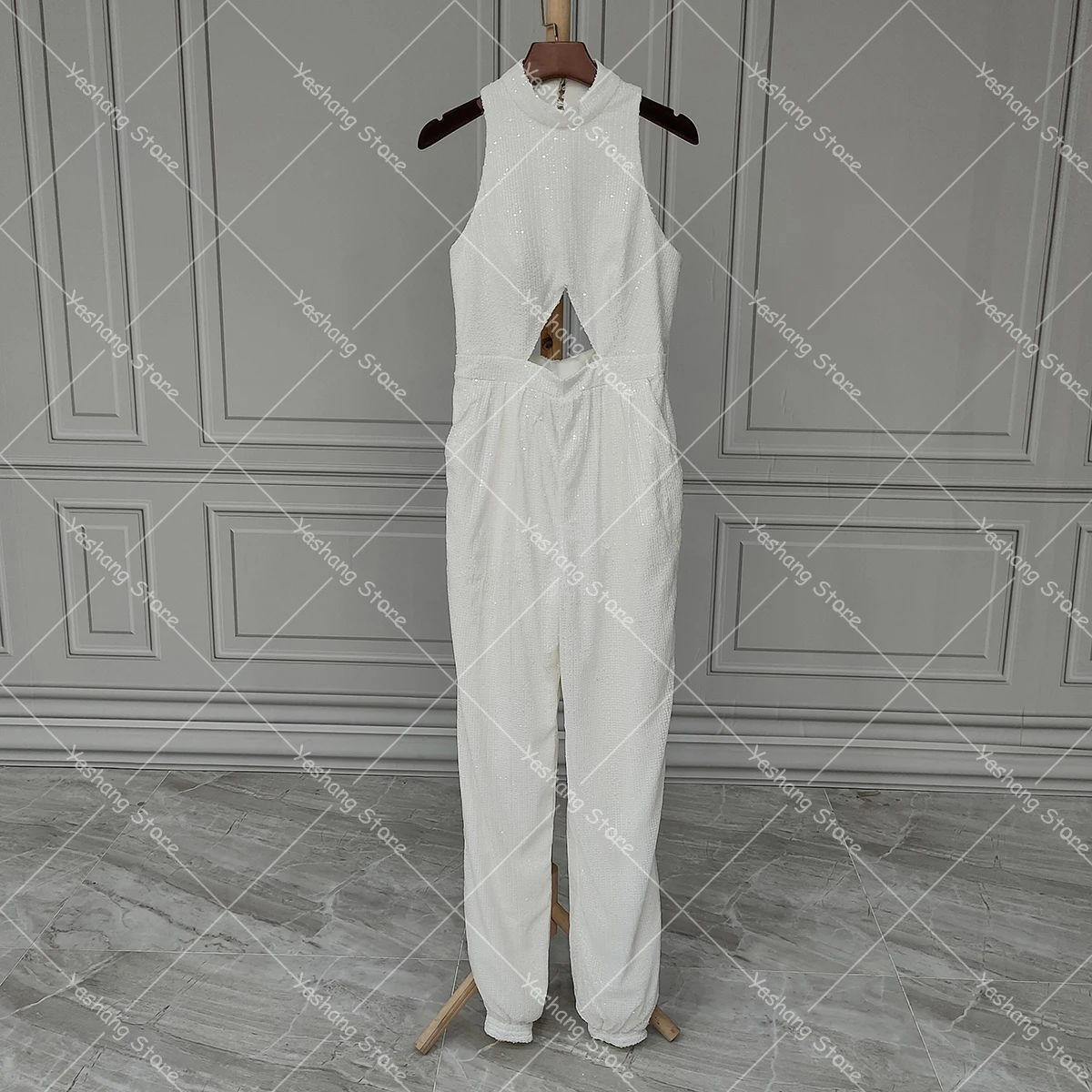 Stretchy Sequins Fabric High Neck Wedding Jumpsuit Cutout Backless Real Photos Customized Elastic Bridal Trouser With Pockets