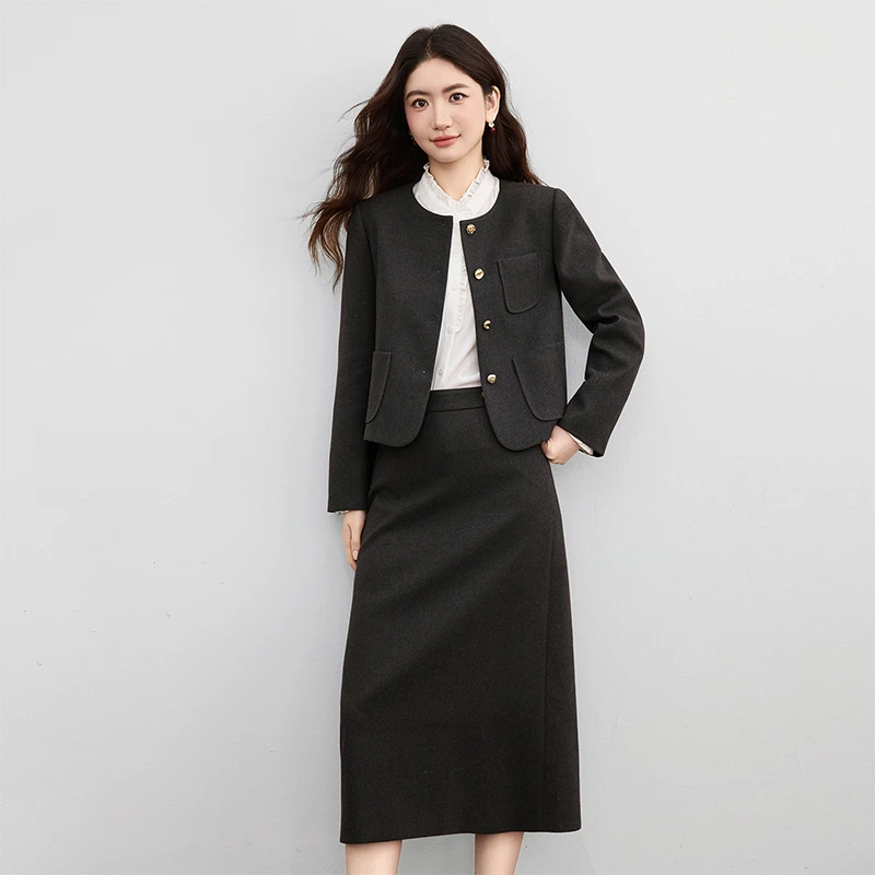 

SENTUBILA Women's Matching Suits Long Sleeve Short Jacket Straight Long Skirt Winter 2026 Solid Two-piece Set Female 154ZA3108