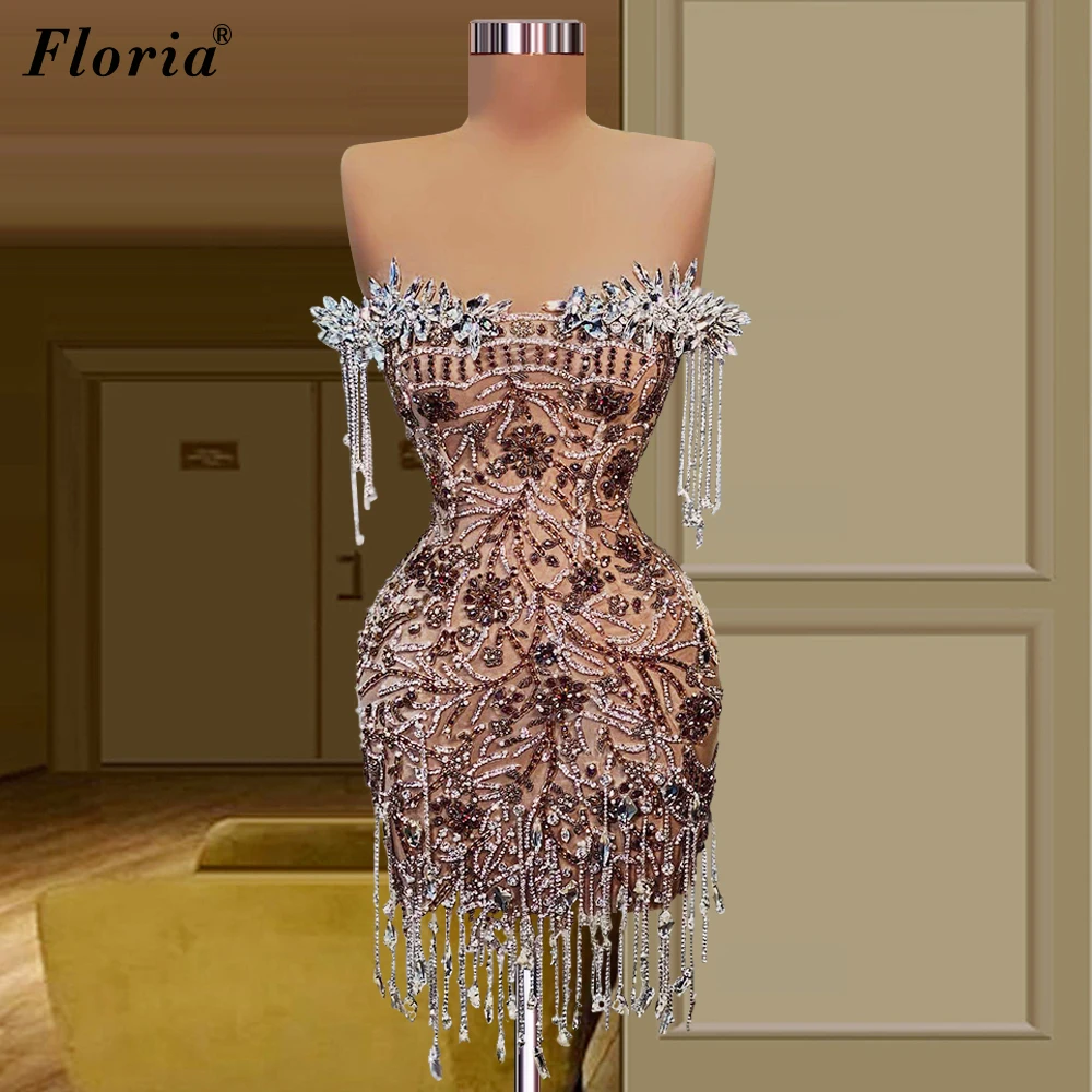 

Beaded Mini Mermaid Prom Dresses Sleeveless Crystals Sexy Cocktail Dresses For Women Photography Gowns Vestido Feminino Custom