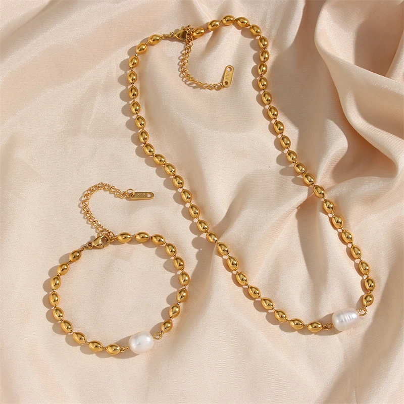 316L Stainless Steel New Fashion Fine Jewelry Minimalism Beaded Freshwater Pearl Charm Chain Choker Necklaces Bracelet For Women