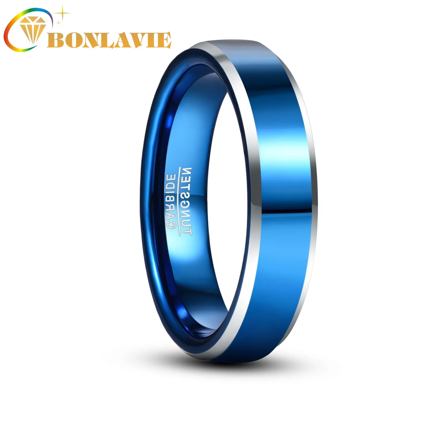 BONLAVIE 5mm Tungsten Carbide Ring Electroplating Blue Chamfered Silver Color Men Rings High Polish Engagement Bijoux De Luxe