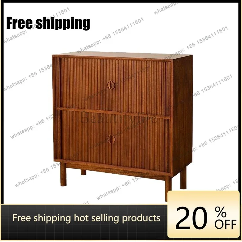 LD Nordic medieval solid wood dining side cabinet Teak rolling shutter sliding door Storage porch cabinet
