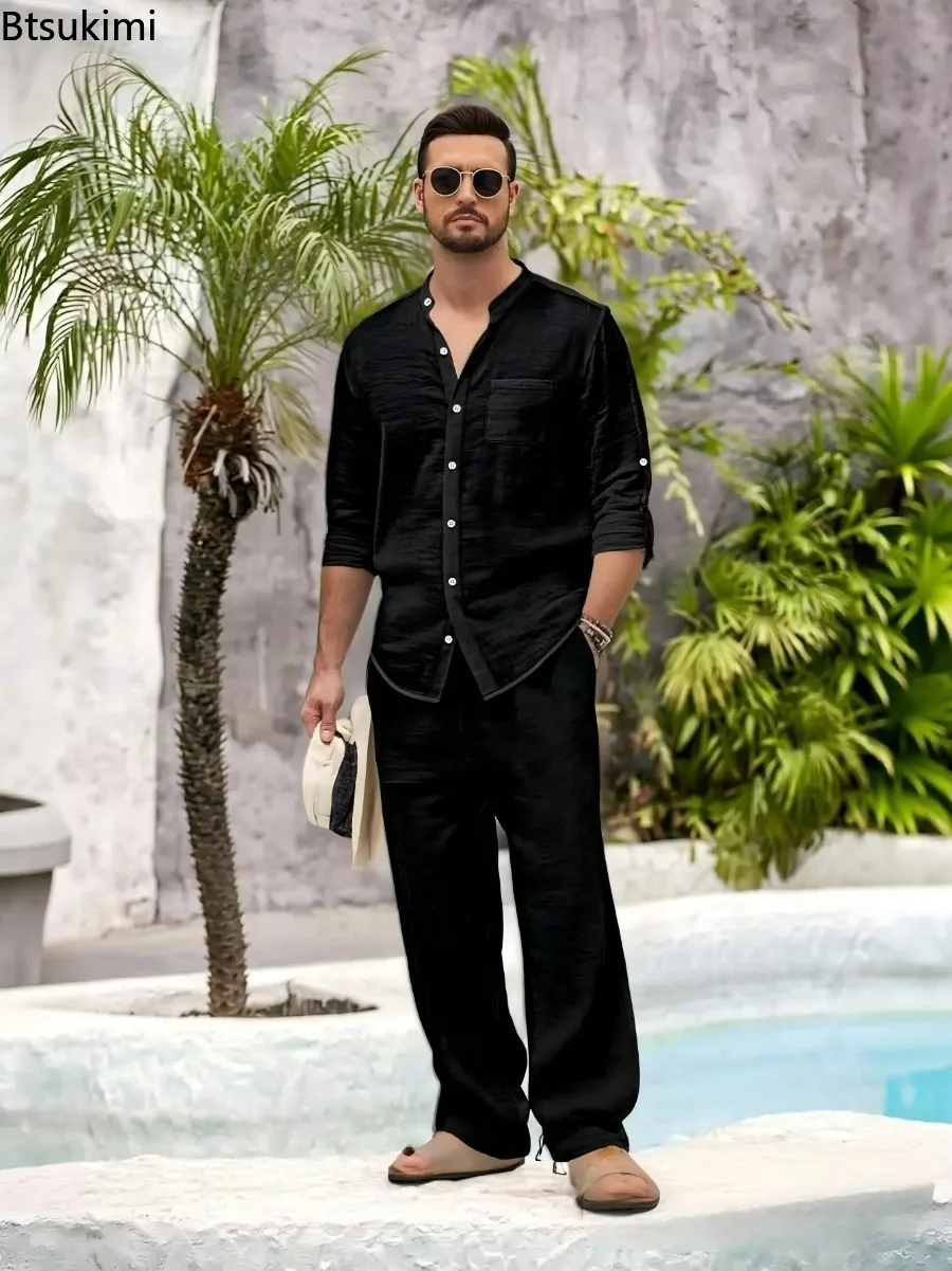 New Men's Casual Cotton Linen 2PCS Sets Stand Collar Shirt Modern Pocket Linen Pants 2-Piece Outfits Spring Casual Loose Fit Set view 5