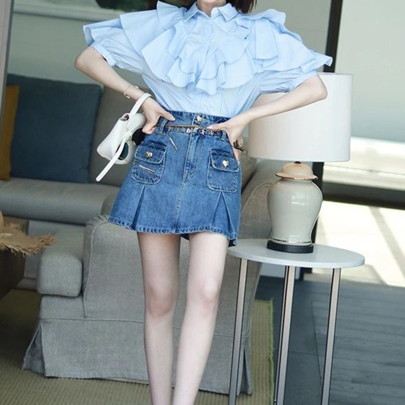 Cotton minority design shirt 2024 new ruffled patchwork western-style shirt with bubble sleeves and short sleeves Joker shirt