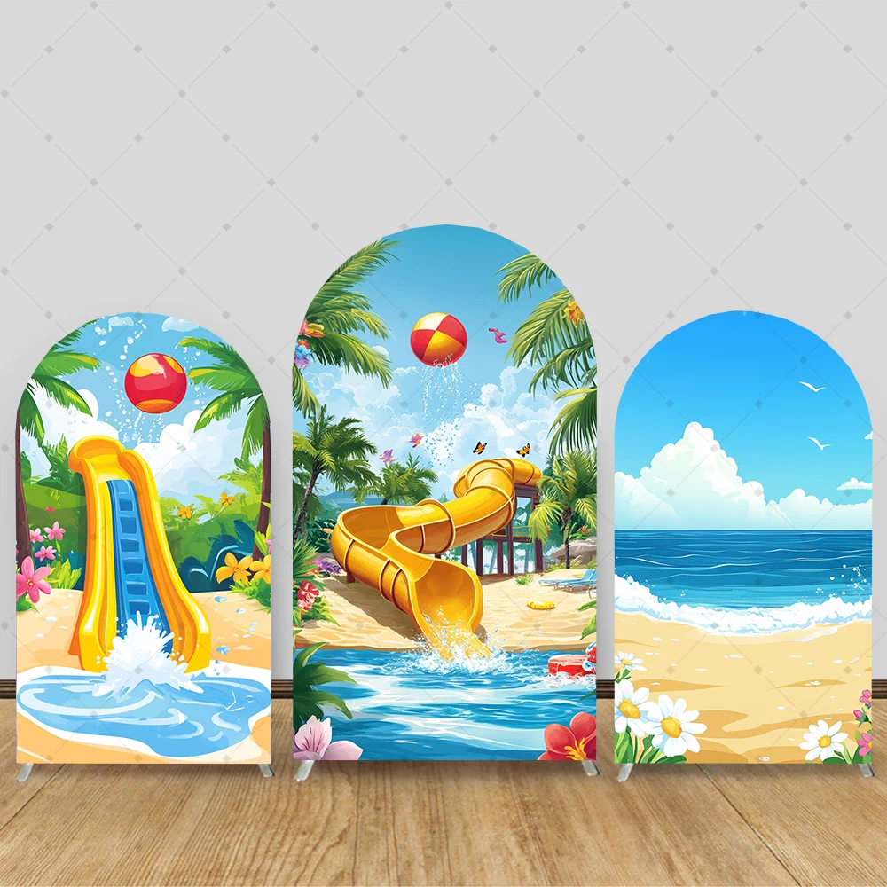 

Summer Party Arch Backdrop Cover Arch Backdrop Indoor Slide And Hawaiian Beach Party Decoration Photography Backdrop