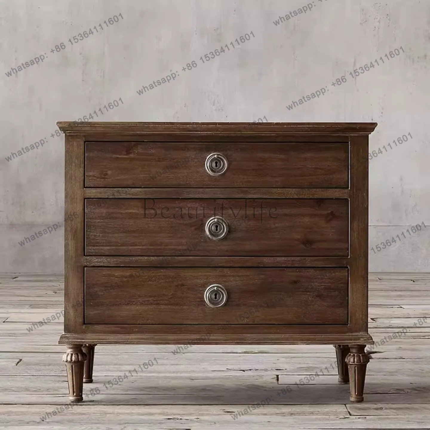 Oak grey bedside table solid wood carved bedroom three draw bedside table