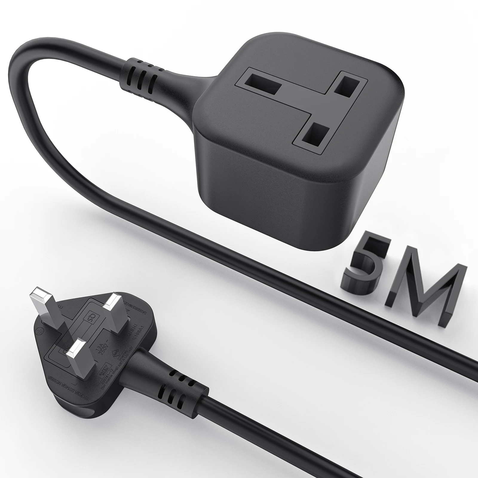 3/5/7m British Standard Extension Lead, UK Power Extension Cord Single Socket 13A 3250W 3PIN Plug for Home PC Black