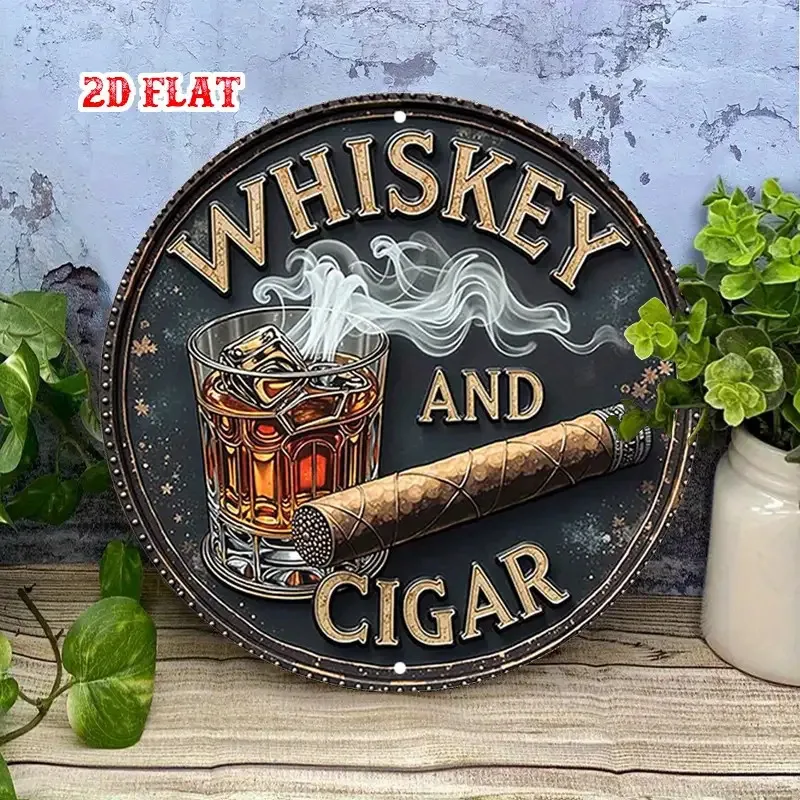 2D Flat - Vintage Wooden Whiskey And Cigar Logo in 2D Flat Design - a Rustic Round Wooden Sign Featuring Smoke Design, Perfect f