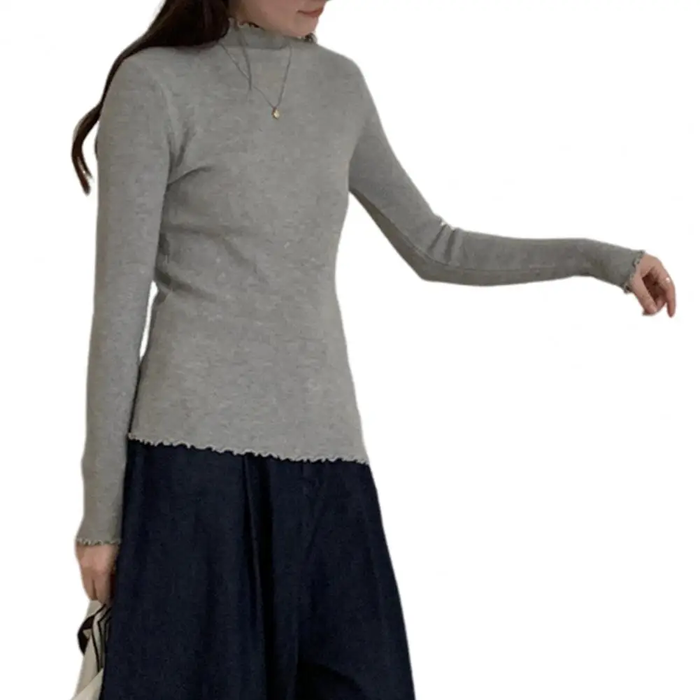 

Women Knitted Sweater Elegant Knitting Tops with Sheer Trim Half-high Collar Slim Fit Design Stylish Solid Color Long for Women