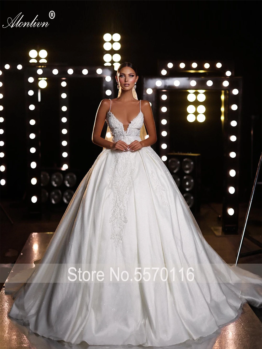 Alonlivn-vestidos de novia de lujo con apliques de perlas y cuentas, de línea a vestidos de novia, delicados, brillantes, con tirantes finos de
