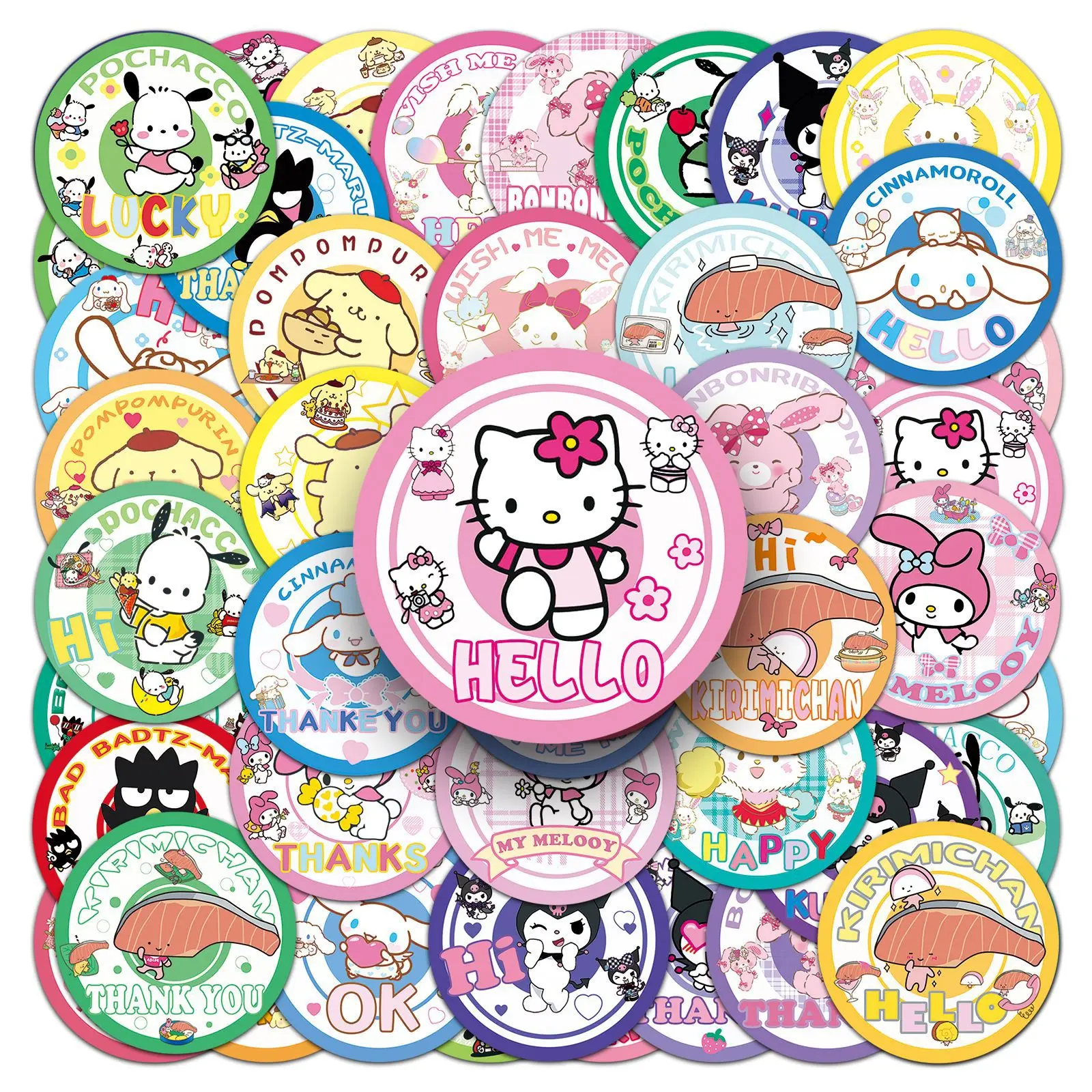 

50PCS Cute Cartoon Circular Medal Sanrio Stickers Decoration Luggage Laptop Wall Car HelloKitty Kuromi Graffiti Decals Toys Gift