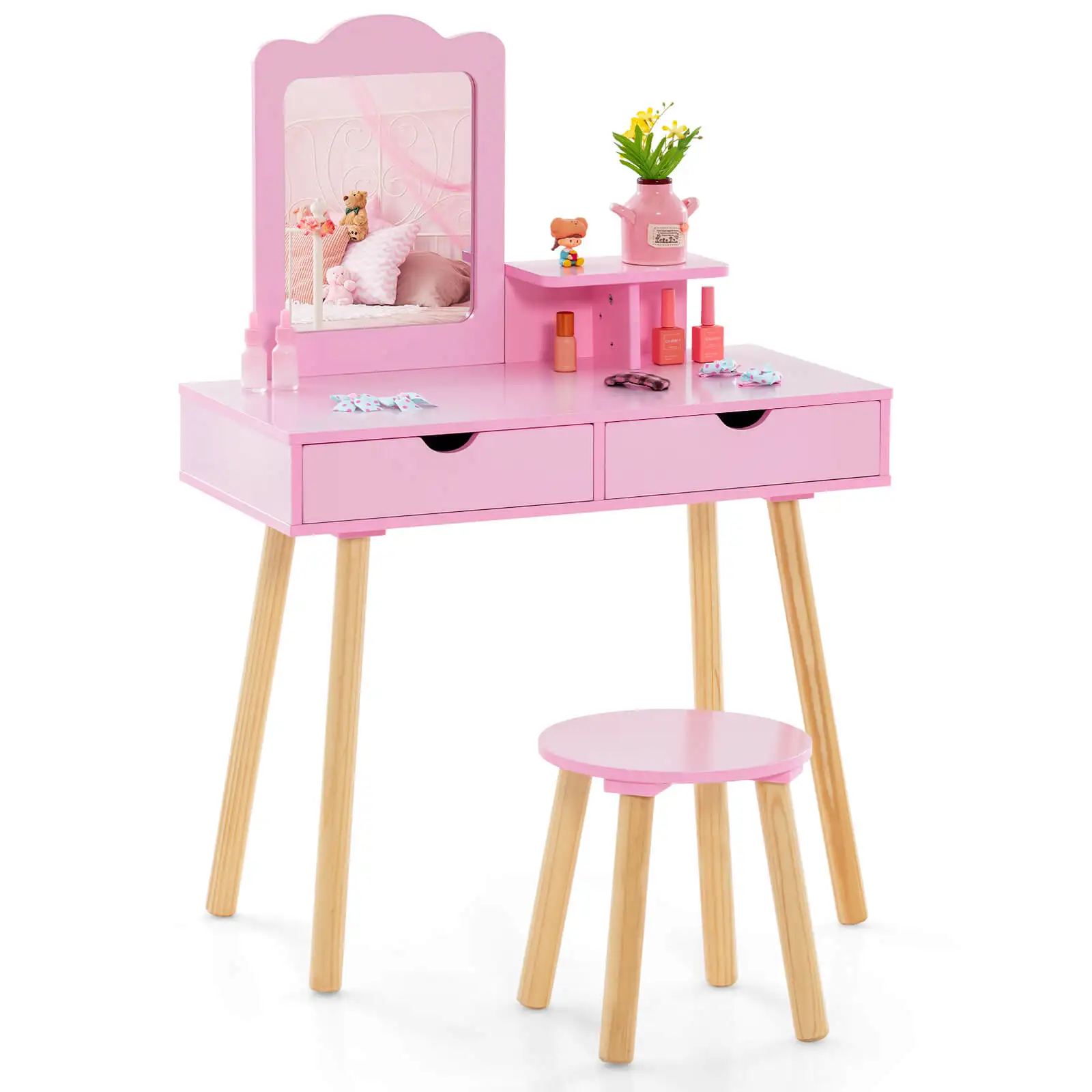 

Kid Vanity Table Chair Set with Mirror Large Storage Drawers Wooden Legs Pink