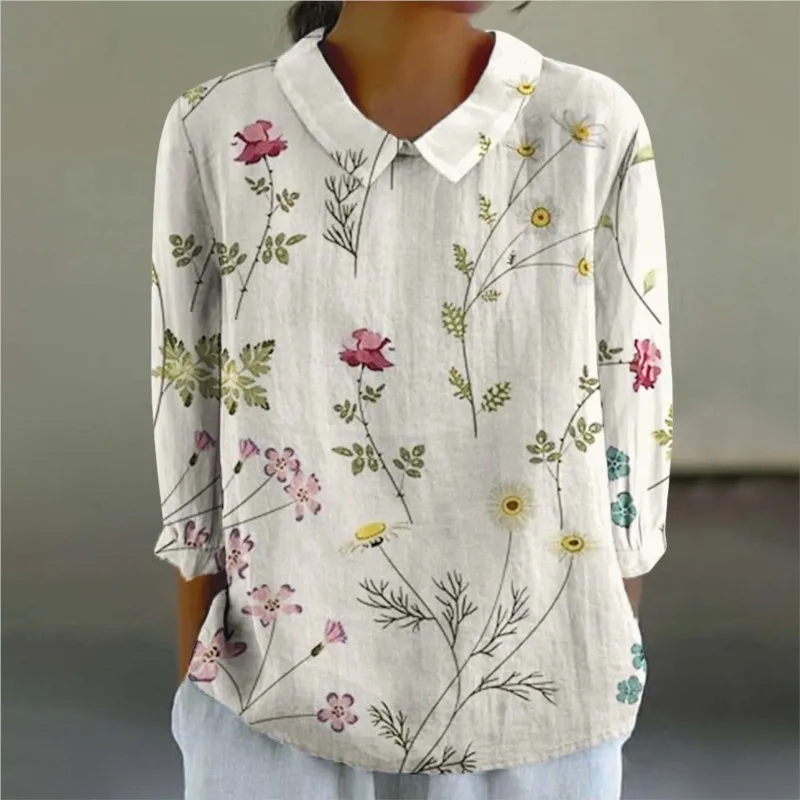 Autumn Vintage Floral Pattern Printed Long Sleeve Linen Shirt Women\'s Doll Neck Loose Casual Cotton And Linen Shirts Tops 2024