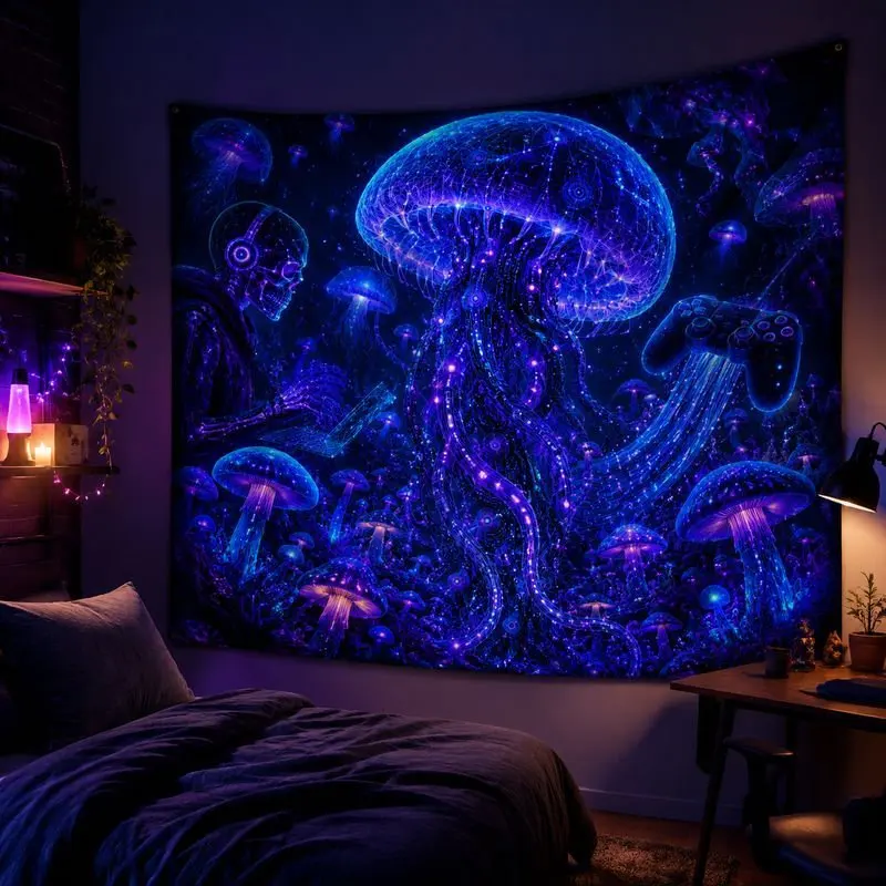 VIKAMA Glowing Jellyfish Tapestry Wall Hanging Blue Green Neon Ocean Underwater Fantasy Aesthetic Wall Art Bedroom Dorm Decor