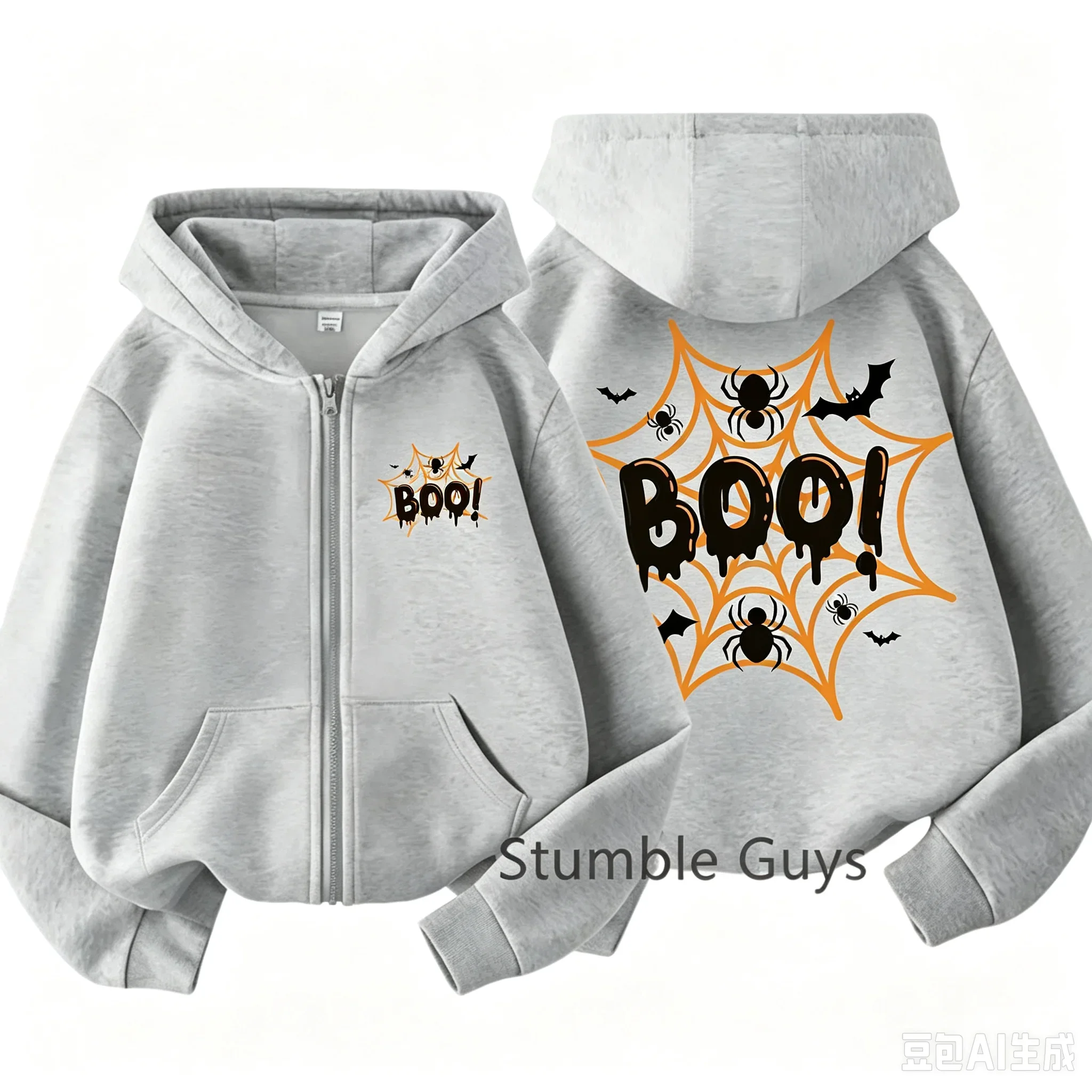 Boys Girls Zip Hooded Sweatshirt Halloween Boo Spider Web Bat Print Kids Long Sleeve Hooded Jacket Daily Casual Autumn Outerwear