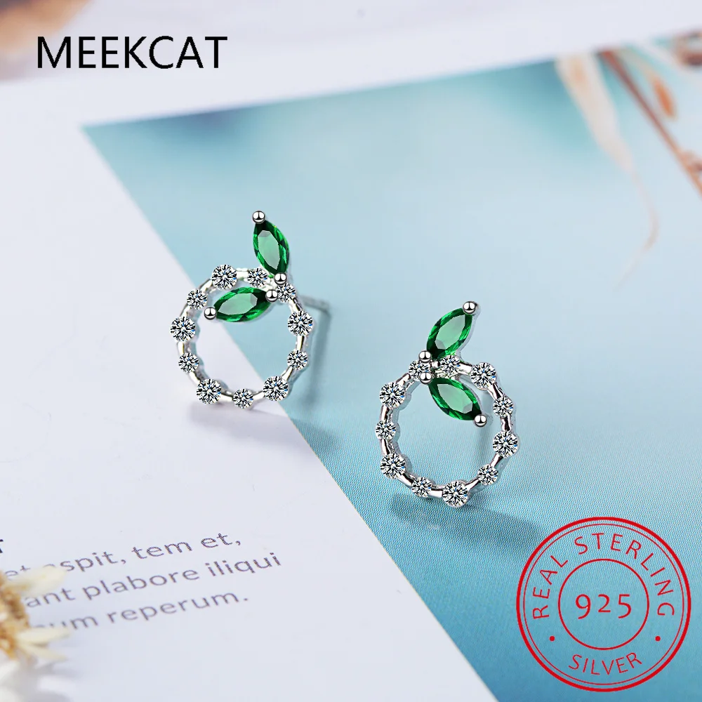 Leaves Green Simulated Nano Emerald 925 Sterling Silver Circular Stud Earring for Women Gemstone Fine Jewelry Birthday Gift