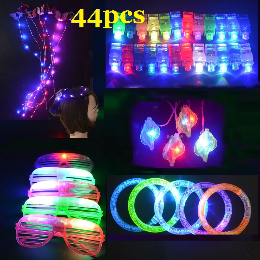 44pcs LED Light Up Toys Girls Hair Styling Tool Finger Lights Glasses Bracelet Heart Necklace Glow Prizes  Christmas Decoration